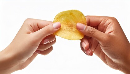 hand holding Potato chips isolated on white background