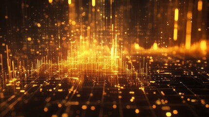 Fototapeta premium A dynamic gold price chart with animated effects, showing fluctuations in gold values with bright gold lines and bars on a dark background.
