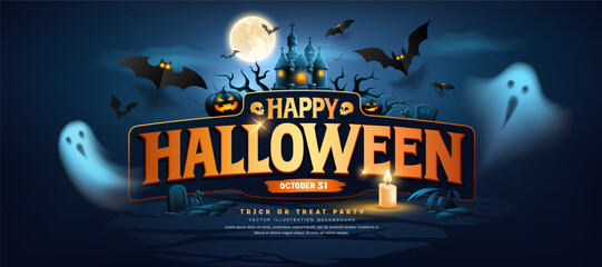 Happy Halloween text design, ghost, bat flying pumpkins, candle, moonnight, banner design on dark blue background, Eps 10 vector illustration
