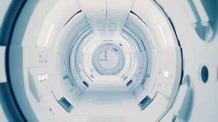 Fototapeta premium Futuristic corridor with bright lighting, metallic walls, symmetrical design, and a high-tech, clean aesthetic. Generative ai