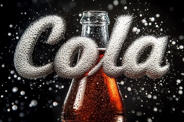 Carbonated Cola Bottle Unleashing Fizzy Madness with Bold 'Cola' Word Created by Bubbles - High Resolution Close-up Shot