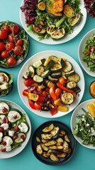 An inviting display includes a variety of fresh salads and grilled vegetable dishes presented attractively on a turquoise surface