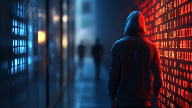 Hooded figure stands in a digital hallway, glowing red and blue binary code illuminating the scene.  Cybersecurity, hacker, digital world concept.