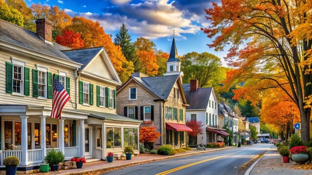 Charming Main Street in Stockbridge, Massachusetts, with historic buildings, boutique shops, and autumn foliage, evoking quintessential New England small-town charm and tranquility.