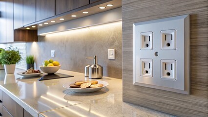 Close-up of tamper-resistant electrical outlets with ground fault circuit interrupter technology installed in a modern home's kitchen, providing added safety against electrical shock hazards.