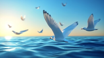 Seagulls soar over a calm, blue ocean at sunset. The sun is setting behind the seagulls, casting a golden glow over the water.