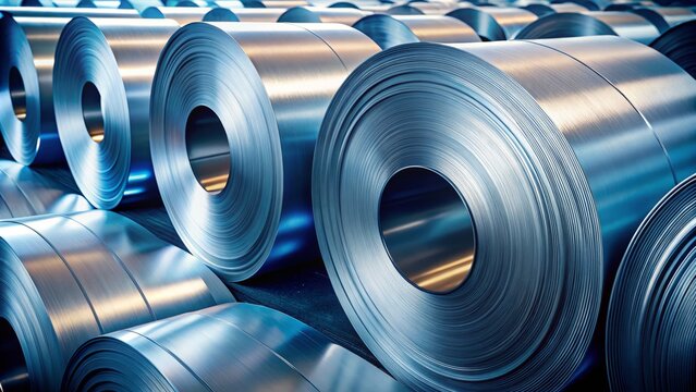 Close-up of rolled steel sheets with a matte finish, showcasing a subtle texture and blue-grey tone, highlighting its industrial and manufacturing applications.