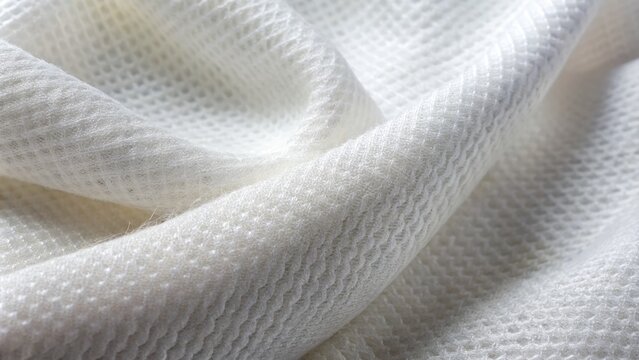 Close-up of soft, white, fibrous nonwoven fabric texture with subtle sheen and layered fibers, perfect for medical, textile, or industrial design applications.