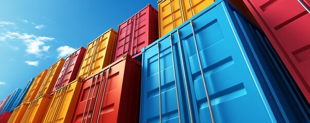 Fototapeta premium Stack of colorful shipping containers against a blue sky.