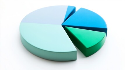 Obraz premium A financial pie chart with segmented slices showing investment distribution, with each segment in different shades of blue and green against a white backdrop.