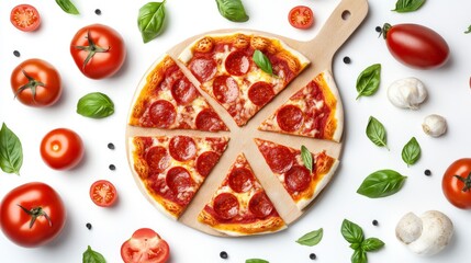 A flat-lay of a pizza cutting board with slices of pepperoni pizza, surrounded by fresh ingredients like tomatoes and basil, against a white background.
