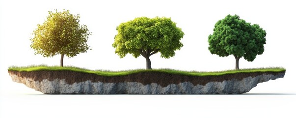 Fototapeta premium Three trees stand on a floating island, symbolizing growth and nature.