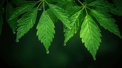 Fresh Green Leaves with Dew Drops