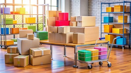 Colorful cardboard boxes and parcels of various sizes stacked on a wooden table, surrounded by packing materials, freight labels, and a rolling cart in the background.