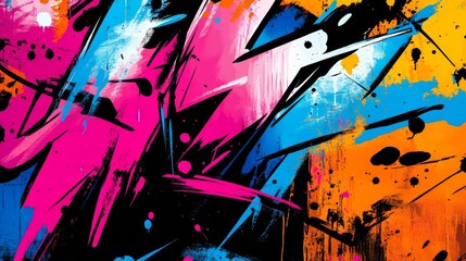 Abstract Art Background with Pink Blue Orange and Black Paint Splashes