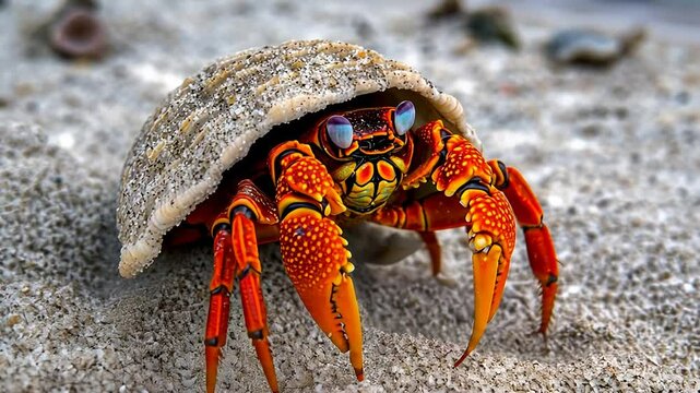 Footage A vibrant crab emerging from its shell on a sandy beach.
