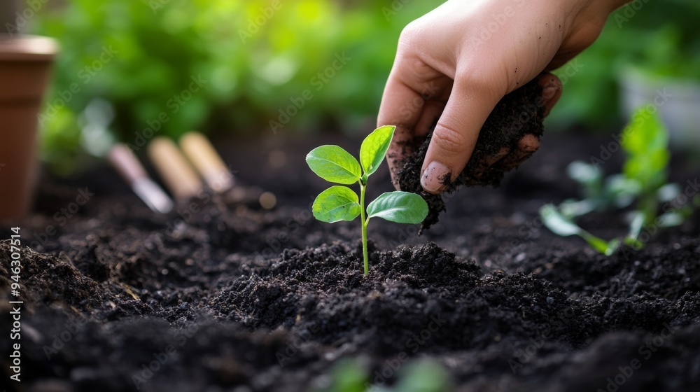 Poster a focused view of a person hand planting a tiny sapling, with the surrounding soil and small garden 