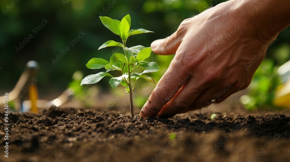 Poster a focused view of a person hand planting a tiny sapling, with the surrounding soil and small garden 
