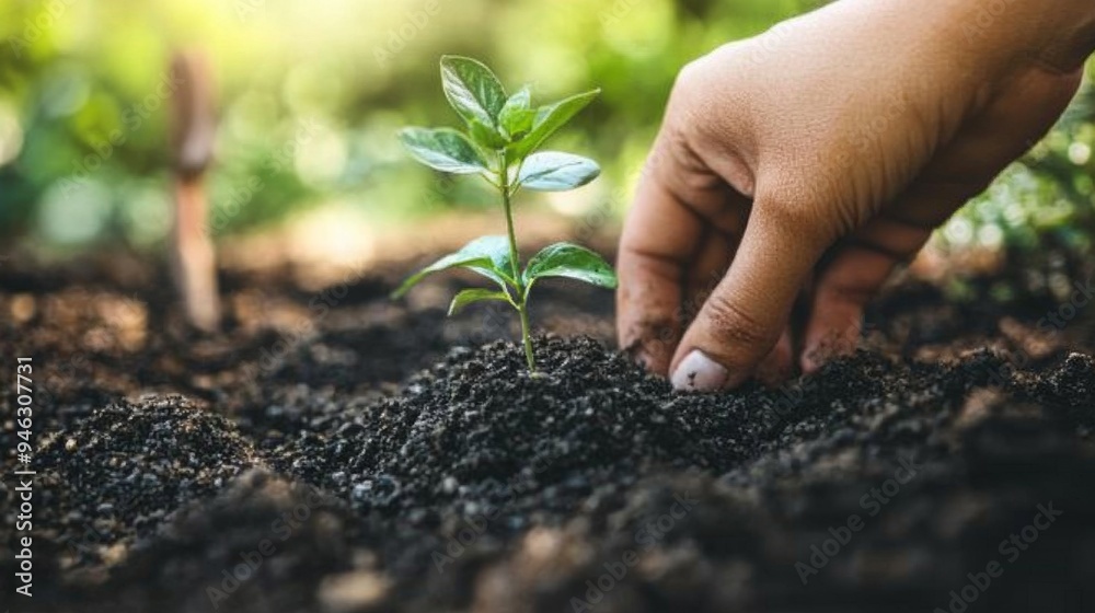 Poster a focused view of a person hand planting a tiny sapling, with the surrounding soil and small garden 