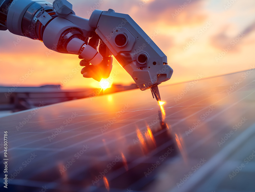 Aufkleber a robotic arm working on a solar panel during sunset, symbolizing advanced technology in renewable e