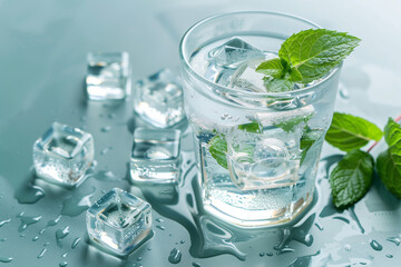 A glass of water with ice cubes and fresh mint leaves.