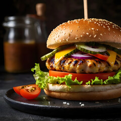 Hamburger gourmet beef steak meal meat. Burger with french fries and fire.Burger with vegetables and sauce on wooden background.