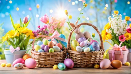 Colorful Easter-themed raffle tickets and baskets filled with candies and toys, surrounded by spring flowers and decorative eggs, against a bright pastel background.