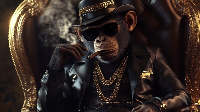 Chimpanzee in a Leather Jacket and Hat