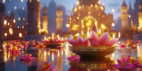 Vibrant Diwali Celebration: Abstract Depiction of Diya Lamps, Colorful Rangoli, and Golden Temple. Festive Indian Cultural Illustration for Deepavali Greetings with Elegant Minimalist Design and Copys
