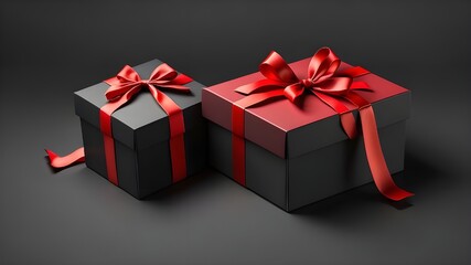 Obraz premium Open or top view of red present box with a red ribbon bow tied, or a blank black gift box, isolated on a dark background with shadows, minimal conceptual 3D rendering