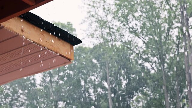 During heavy downpours, rainwater flows from roof of home