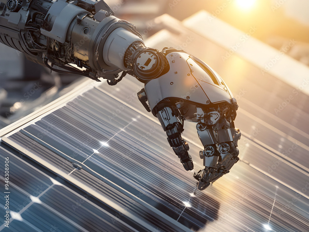 Aufkleber a robotic arm precisely installs solar panels during sunrise, illustrating the integration of advanc