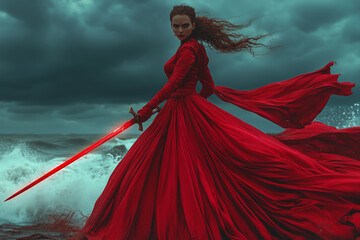 A fierce warrior stands defiantly on a stormy shoreline, her crimson gown billowing dramatically in the wind as she wields a glowing sword