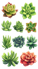 Various succulent plant set. Watercolor style, cut-out shapes for home and office decor
