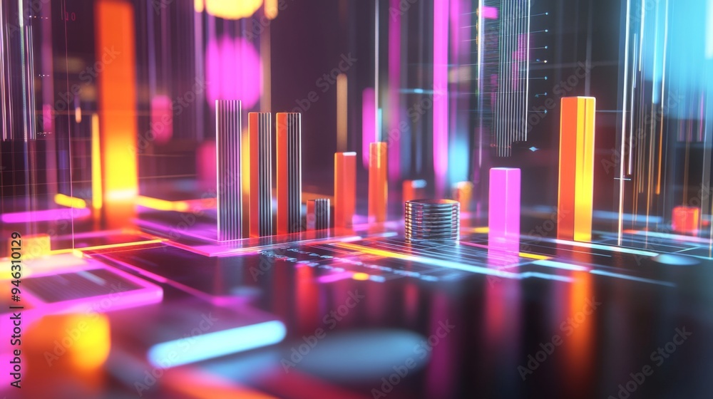 Aufkleber A futuristic 3D bar graph with rotating bars and interactive elements, set against a clean, high-tech background, perfect for presentations.