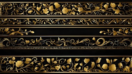 A vector collection of ornamental horizontal flower motifs, frames, corners, horizontal page corner, and borders in black and golden for page corner 