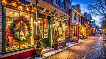 Naklejka premium Colorful storefronts adorned with festive decorations and twinkling lights invite shoppers to discover unique gifts and treasures at local businesses during the holiday season.