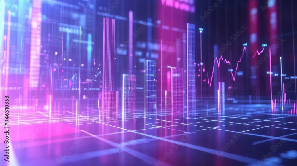 Aufkleber A futuristic 3D bar graph with rotating bars and interactive elements, set against a clean, high-tech background, perfect for presentations.