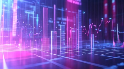 A futuristic 3D bar graph with rotating bars and interactive elements, set against a clean, high-tech background, perfect for presentations.