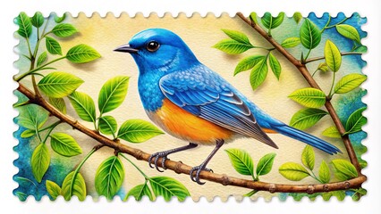 Fototapeta premium Colorful temporary postal stamp featuring a bright blue bird perched on a branch, surrounded by leaves and vines, with a subtle texture and worn edges.