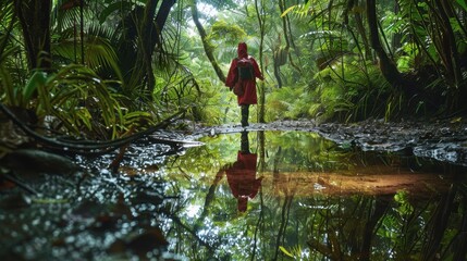 Explorer walking in tropical forest reflecting in water