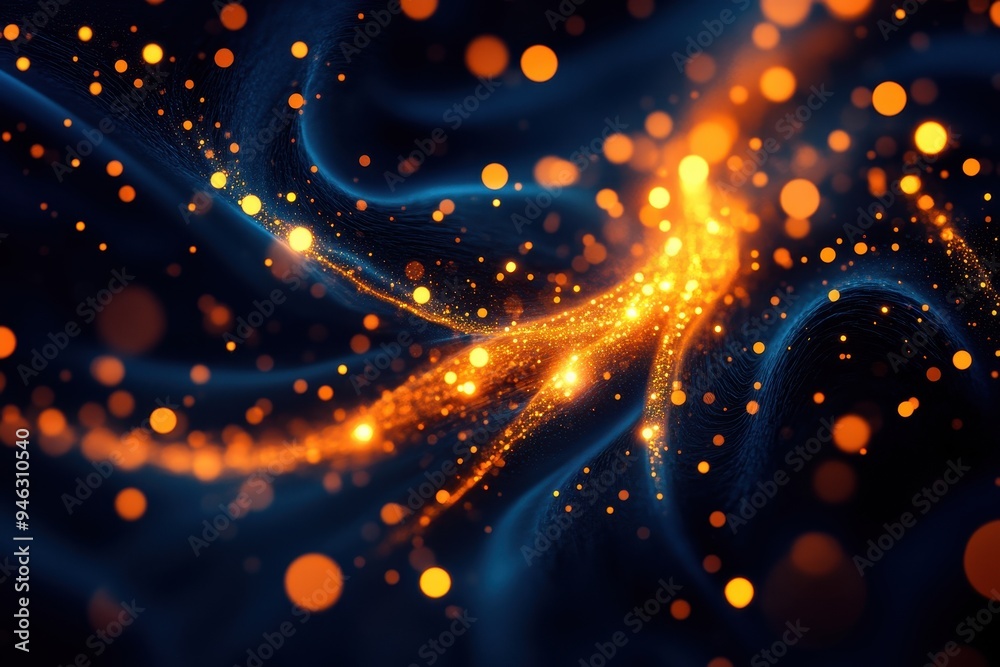 Poster Abstract glowing particles on a dark background, creating a dynamic and energetic visual effect perfect for backgrounds and digital art.