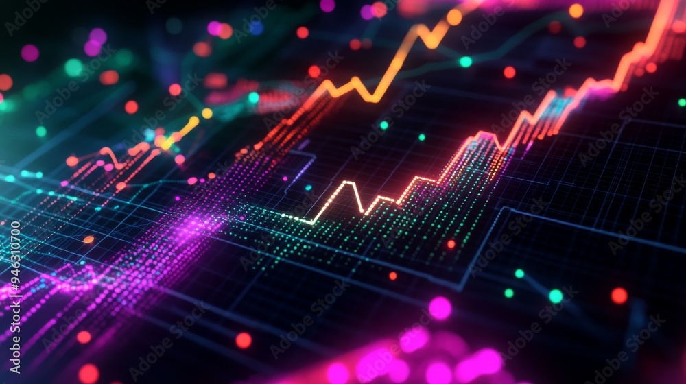 Poster a futuristic 3d line graph with intersecting lines and data points, illuminated with neon colors, di