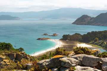 Vista parcial de la playa de Rodas en las Islas Cíes, Pontevedra, Galicia, España