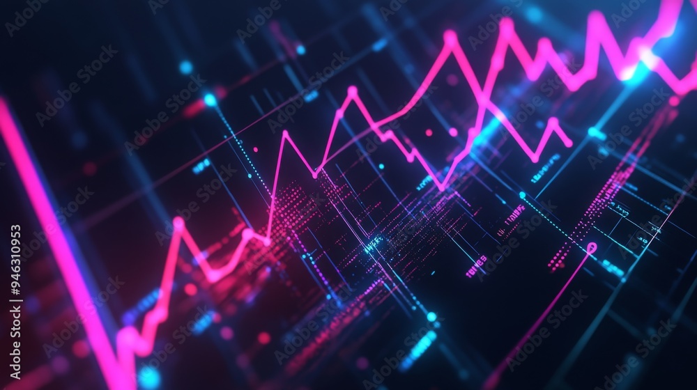 Poster A futuristic 3D line graph with intersecting lines and data points, illuminated with neon colors, displaying complex business metrics and trends.