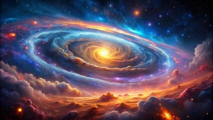 Obraz premium Cosmic clouds of gas and dust swirl around a vibrant spiral galaxy, amidst a backdrop of sleek, glowing neon shapes and vibrant starry elements.