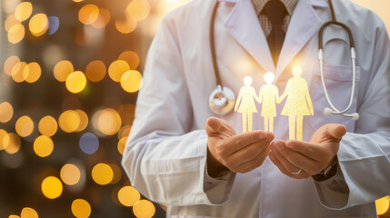 A doctor in a white lab coat holds a glowing family silhouette in his hand, representing health care and protection.
