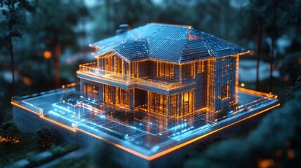 A holographic interface displays energy data around a modern house, casting vibrant digital outlines amid a serene backdrop of trees.