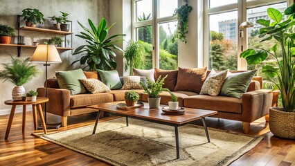 Fototapeta premium Cozy living room scene featuring a stylish coffee table surrounded by plush couch, vintage rug, and lush green plants in warm, natural lighting.