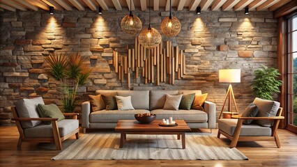 Cozy living room interior with vintage wooden stick decoration on stone wall, warm lighting, and comfortable furniture, evoking a sense of warmth and welcoming atmosphere.